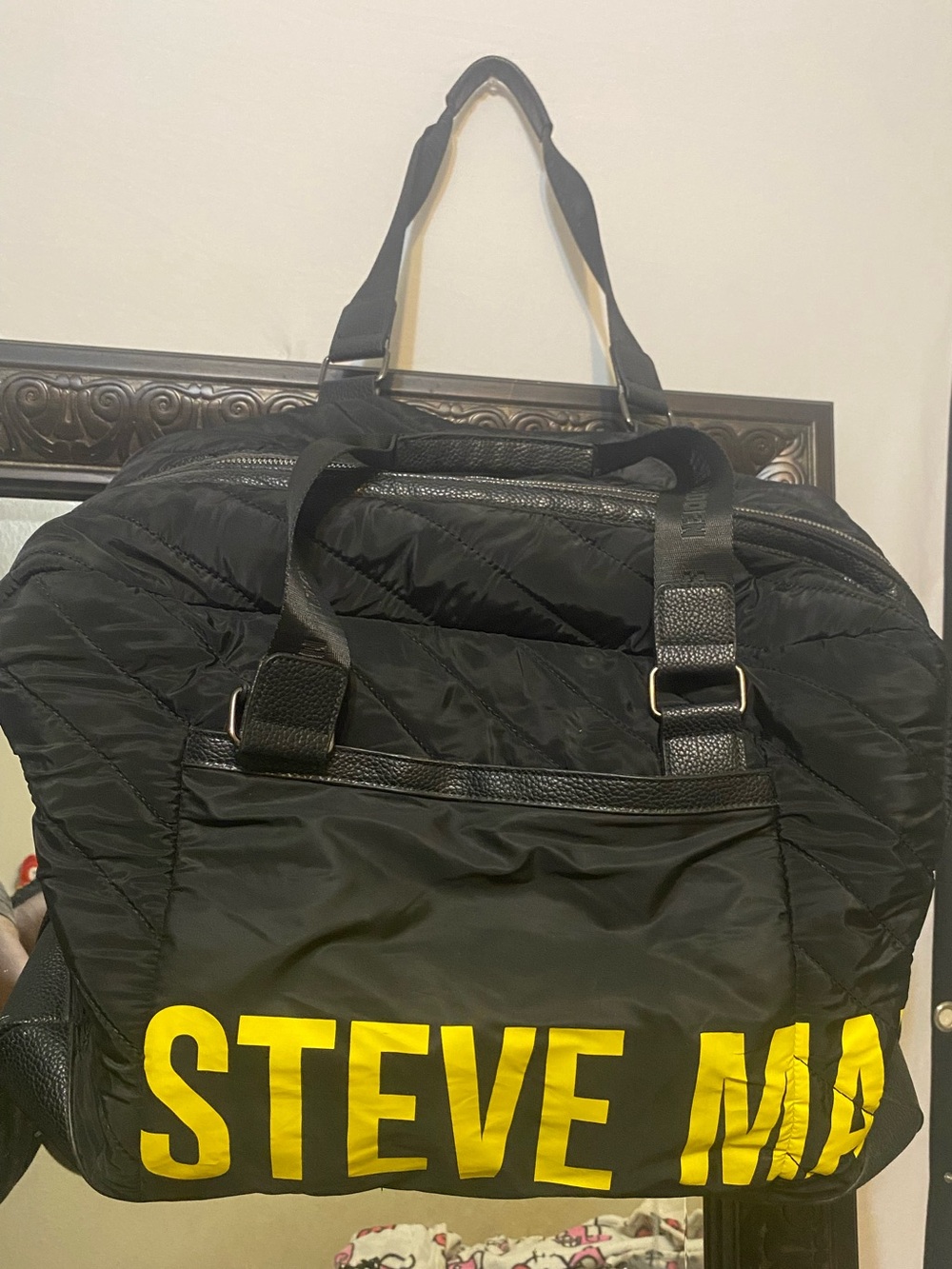 Steve Madden Black Travel Duffel with Yellow Logo